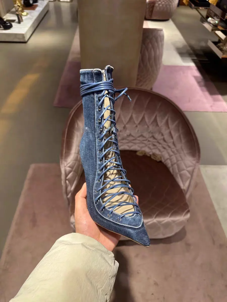 Sexy Hollow Out Cross-strapped Denim Boots Pointed-Toe thin Heel Super High Heel Cool Boots 2026 Autumn Women Trendy Short Boots