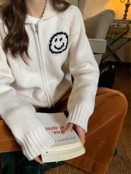 ADAgirl Smiling Face Graphic Knitted Cardigan Oversized Funny White Zip Up Sweater Women Korean Style Winter Clothes Outfits Ins