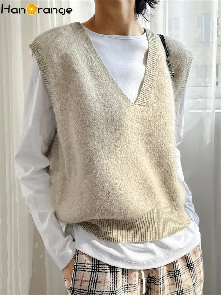 

HanOrange 2024 Autumn Winter Simple Soft Mohair V-neck Sweater Women Knitted Vest Grey/Oat