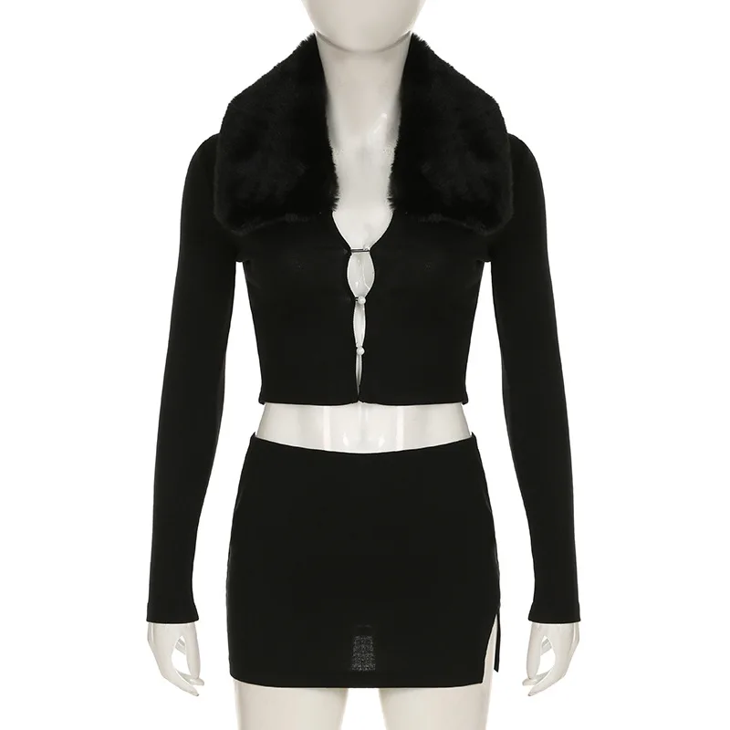 DSMTRC Women Sexy Fur Collar Full Sleeve Single Breasted Tops and Split Mini Skirt 2 Piece Set Matched Winter Party Club Outfits