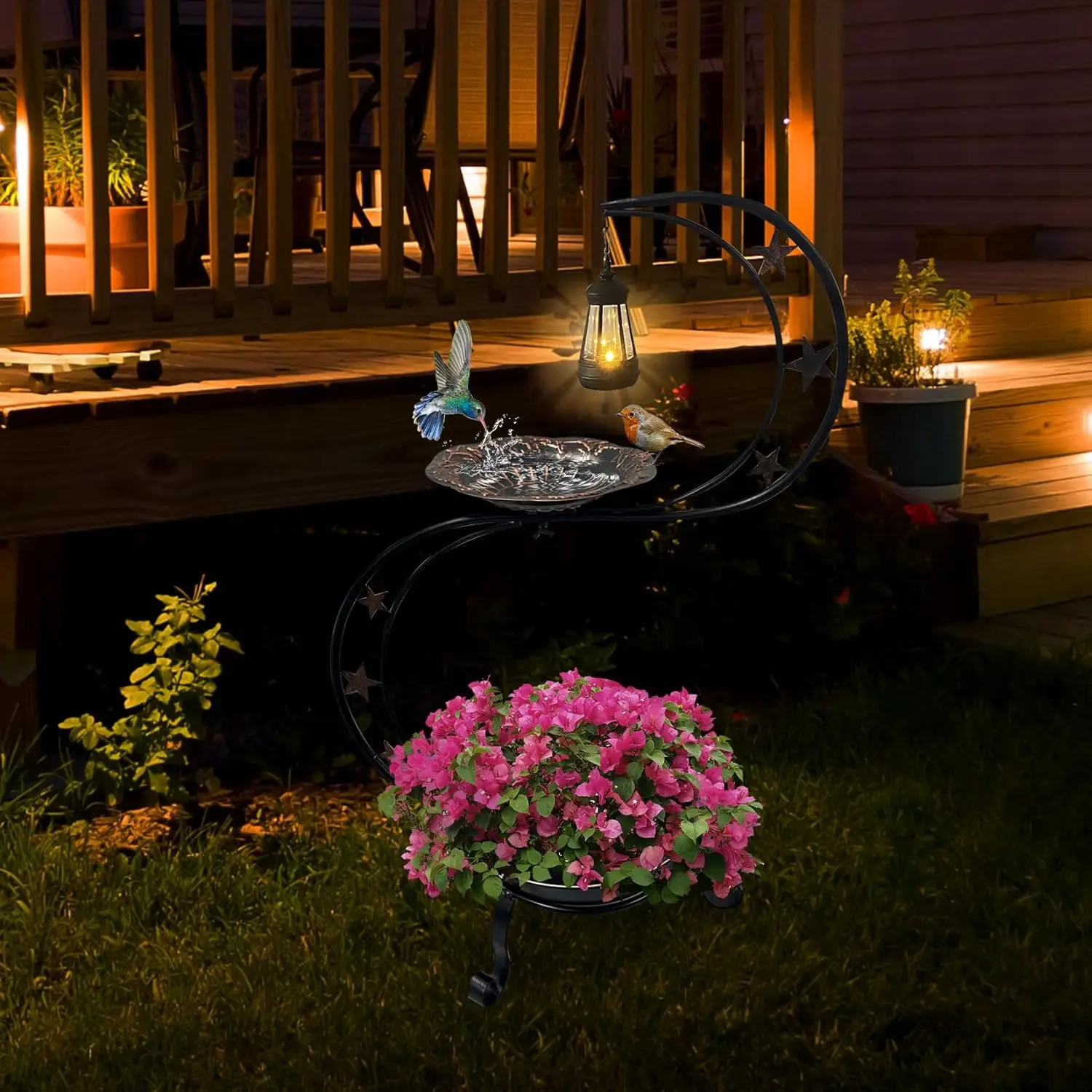 Solar-Powered Vintage Metal Bird Bath with Flower Planter for Garden Yard Decor