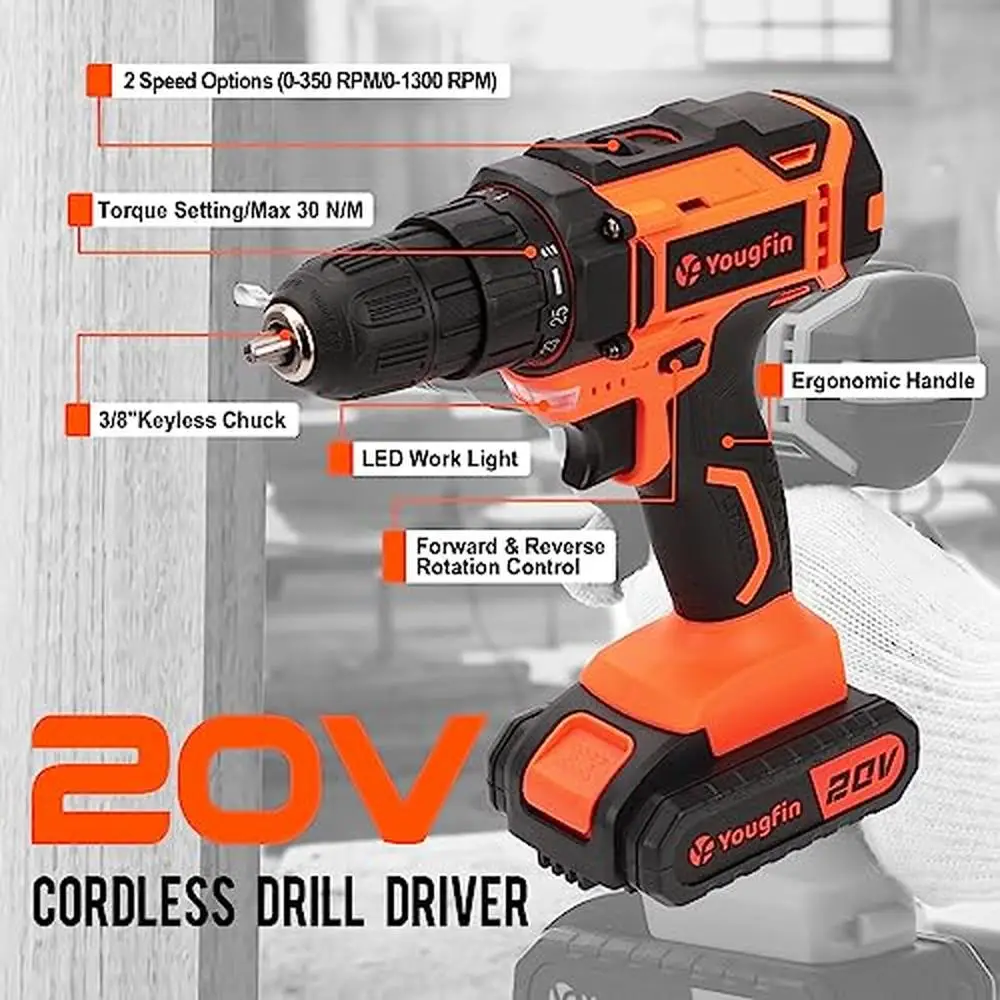 Power Tool Combo Kit 20V Battery Cordless Drill Set 114pcs Hand Tools Tool Box 2 Batteries Charger LED Light Clutch Settings