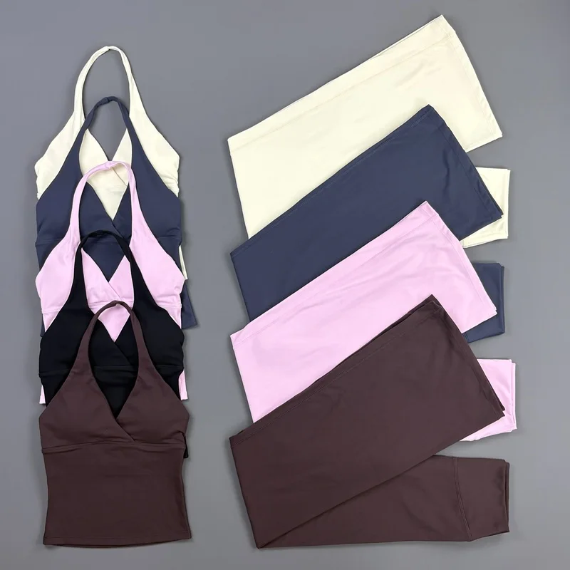 NCOYOE 2-teiliges Yoga-Set für Damen, Origin Neckholder-Top, Fahrrad- und Fitness-Schlaghosen-Anzug, hochelastisches Gym-Lauf-Workout-Outfit