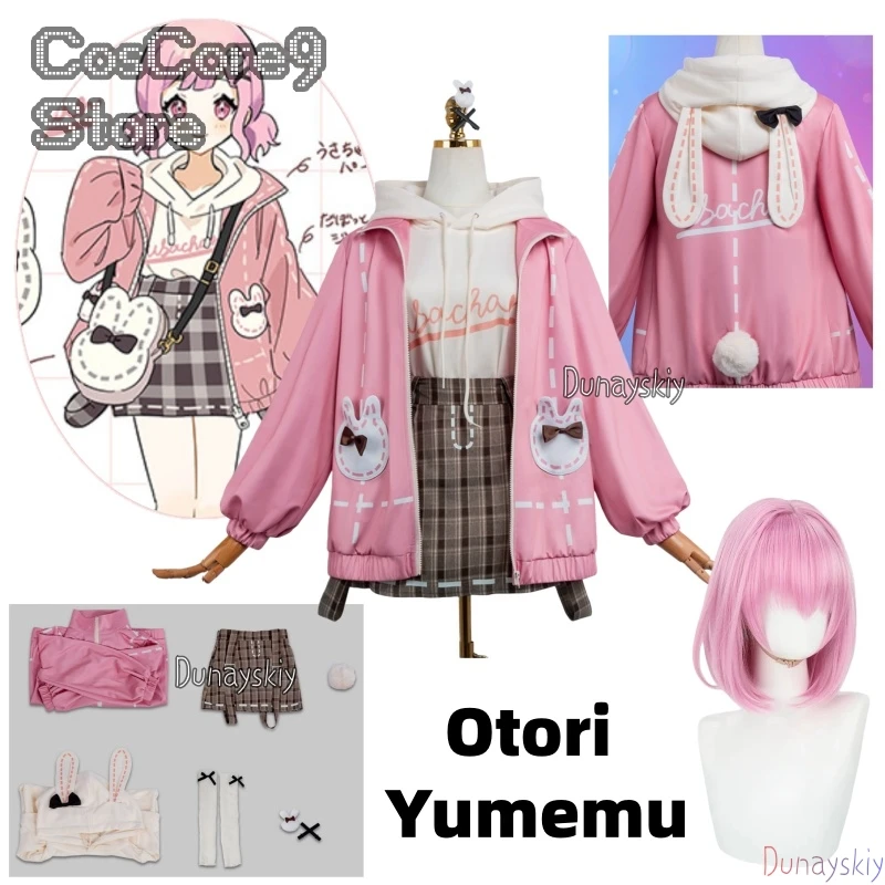 

Костюм для косплея Отори Юмэму из Project SEKAI: розовая куртка, худи, юбка в клетку, аксессуар в виде кролика, полный комплект, милый повседневный стиль в стиле аниме