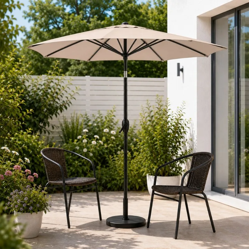 7.5FT Outdoor Hexagonal Patio Umbrella Beige UV‑Resistant Polyester Canopy Manual Crank Open Black Metal Ribs Waterproof Outdoor Table Umbrella for Garden Poolside Backyard Shading(Base Not Included)