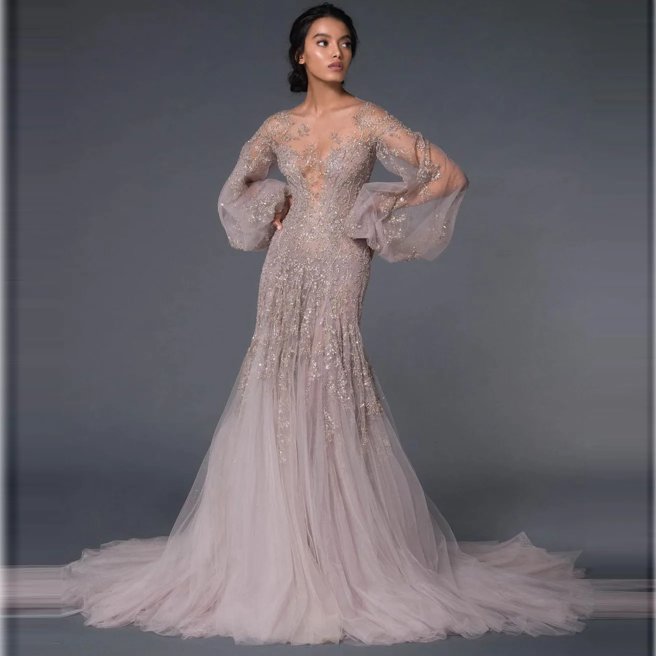 

Elegant Wedding Dress O-Neck See-Through Applique Floor Length Lantern sleeve Long Sexy Sequins Prom Dresses Custom Made