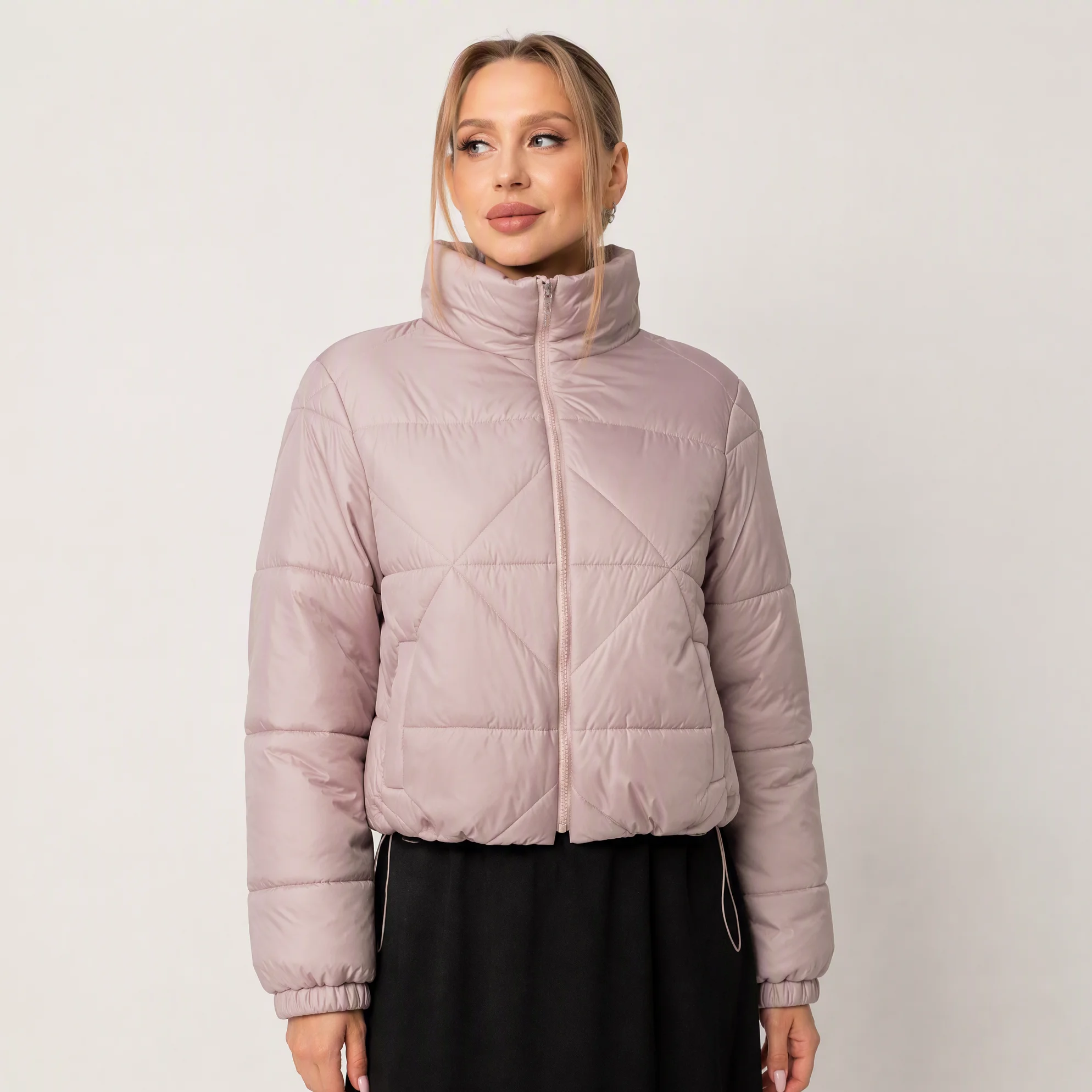 RU Quilted Puffer Jacket Stand Collar Full Zip Drawstring Hem Elastic Cuffs Autumn Winter Lightweight Warm Pocket Outerwear Coat