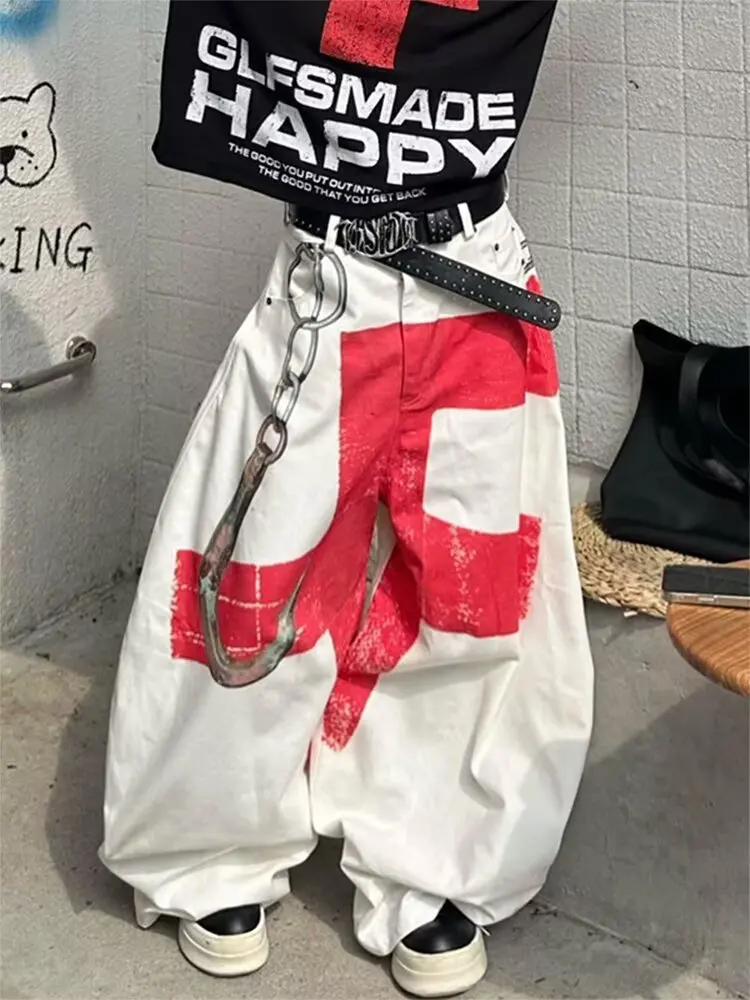 

Мужские джинсы в американском ретро-стиле, белые, с принтом, свободного кроя, прямые, в пол, с застежкой на крючок