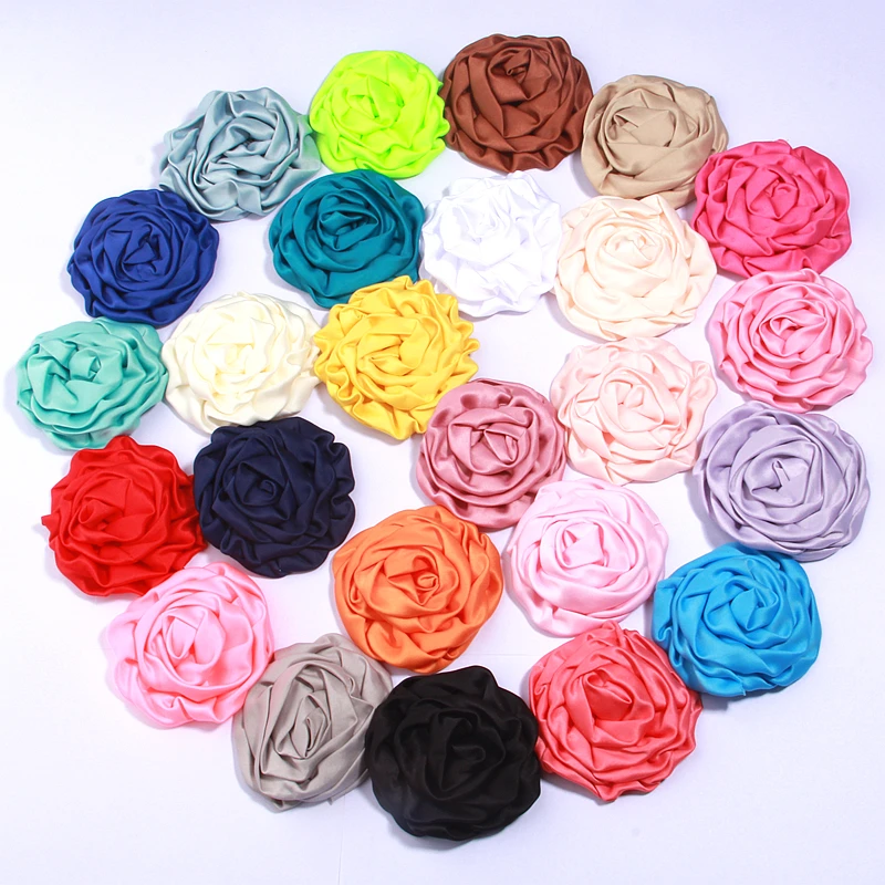 20Pcs 7.5cm Satin Fabric Chiffon Flowers for Baby Girls Headbands Hair Acessories Wedding Bride Boutique Bouquet NO Clip