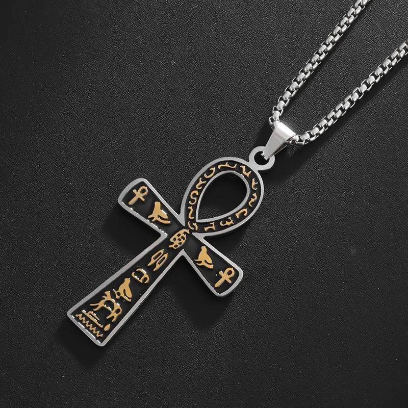 Stainless Steel Ancient Egyptian Ankh Cross Life Key Totem Necklace Men and Women Lucky Amulet Jewelry