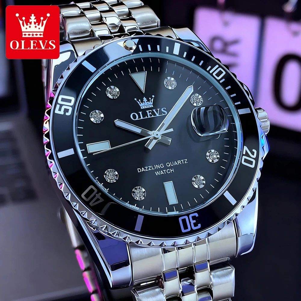 OLEVS Top Marke Herrenuhren Trend Mode Feiner Stahl Original Quarz Armbanduhr Wasserdicht Leuchtendes Großes Datum Taucher Lünette 9809
