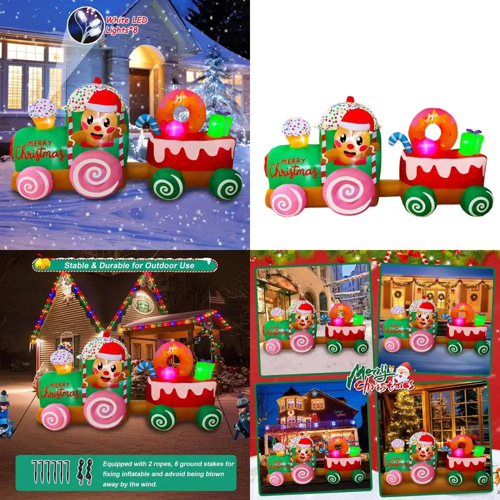 

Giant 8ft Christmas Train Inflatable with Gingerbread Man for Outdoor Lawn, Lighted Yard Garden Holiday Decor
