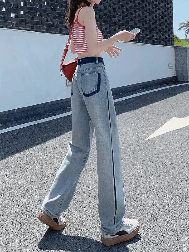 Luz azul cintura alta perna reta jeans feminino verão novo sle pêra ape plus size emagrecimento calças de perna larga