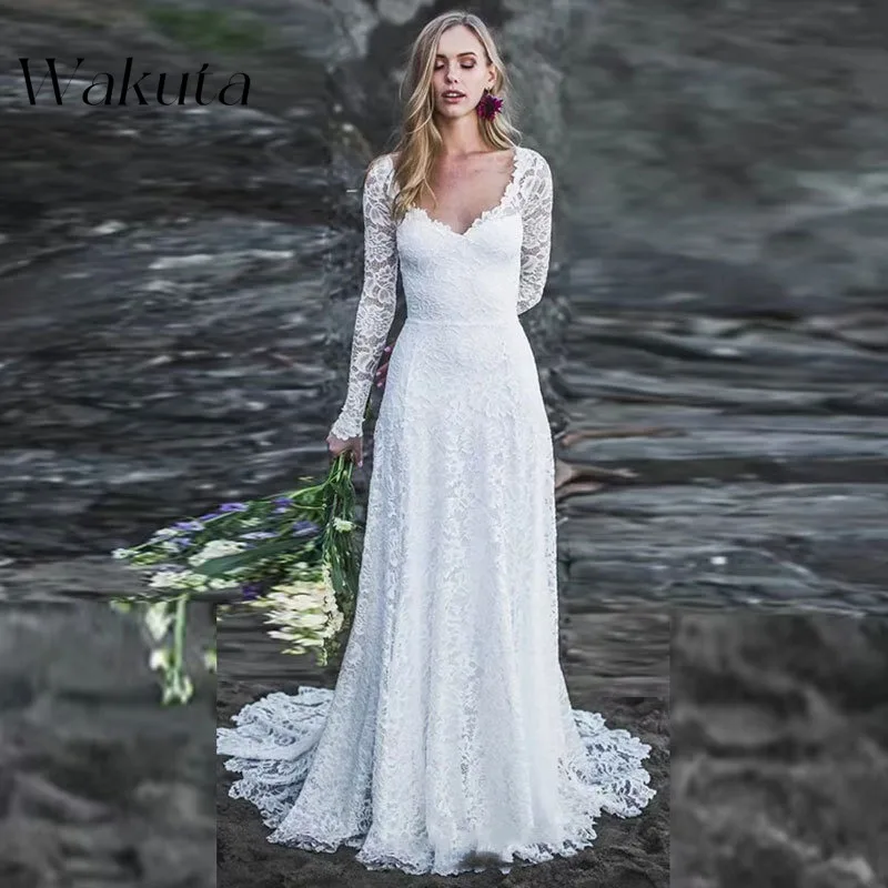 Wakuta Fashion Classic V-neck Long Sleeve Hollow Wedding Dresses Sexy Waist Slim Floor-length A-line Lace Engagement Robe Argent