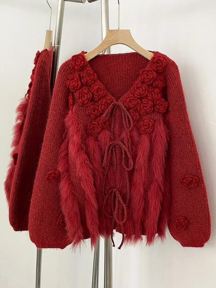 2025 automne mode coréenne décontracté 3D fleur pull vestes col en v à manches longues en vrac à lacets fourrure épissé tricoté Cardigan femmes