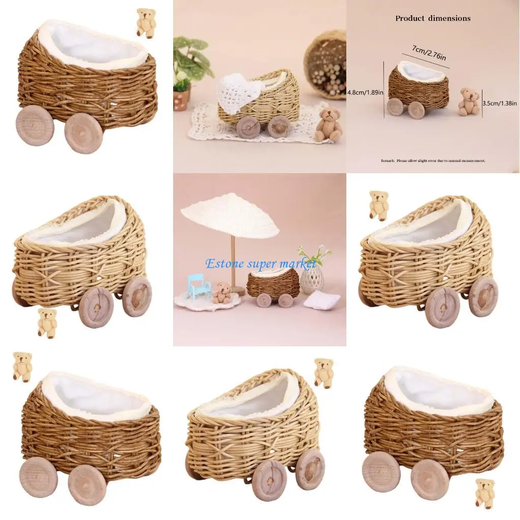 

090B Realistic Rattan Miniature Pushchair and Bear Doll for Ball Joint Doll Decors