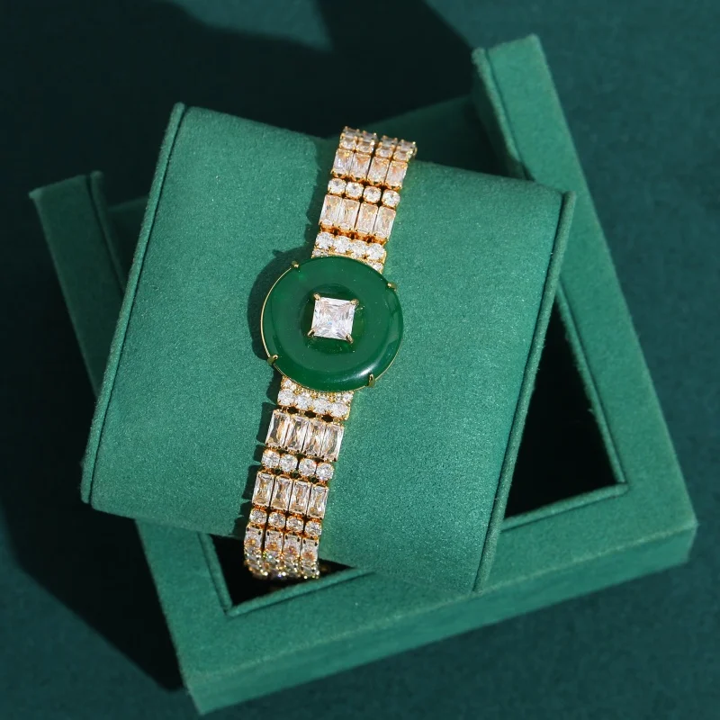 

Vintage Round Emerald Green Bracelets Gold Color Jade Trends 2026 Accessories Cubic Zircon Woman High Quality Luxury Jewelry
