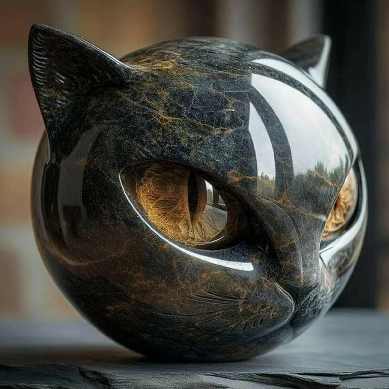 Figurine de chat en pierre de guérison haut de gamme, tête de chat en résine, décoration de bureau, cadeau souvenir, pierre de marbre noire décorative