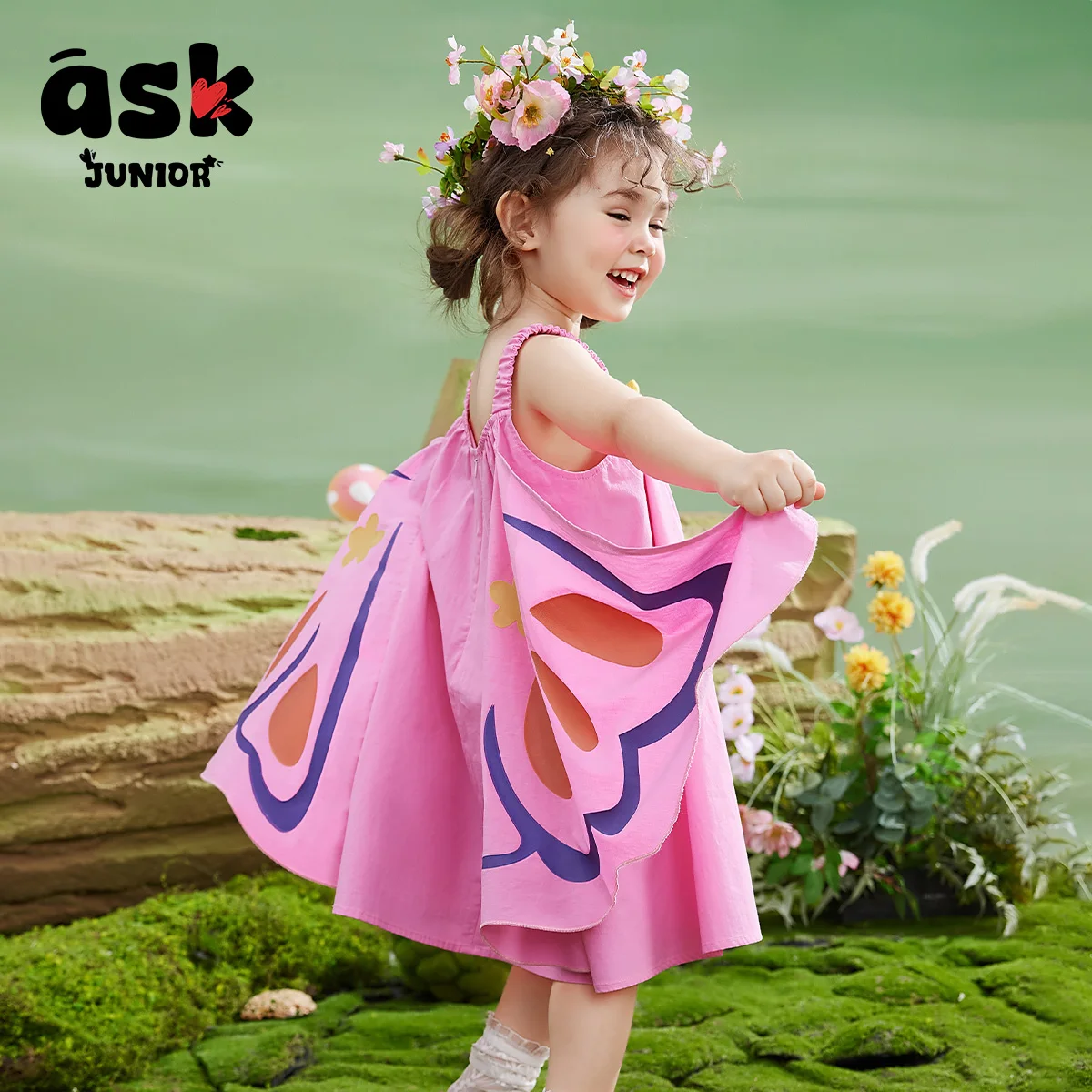 اسأل تنورة الفتيات الصغيرات الصيف الأطفال فستان الحمالة أجنحة الفراشة