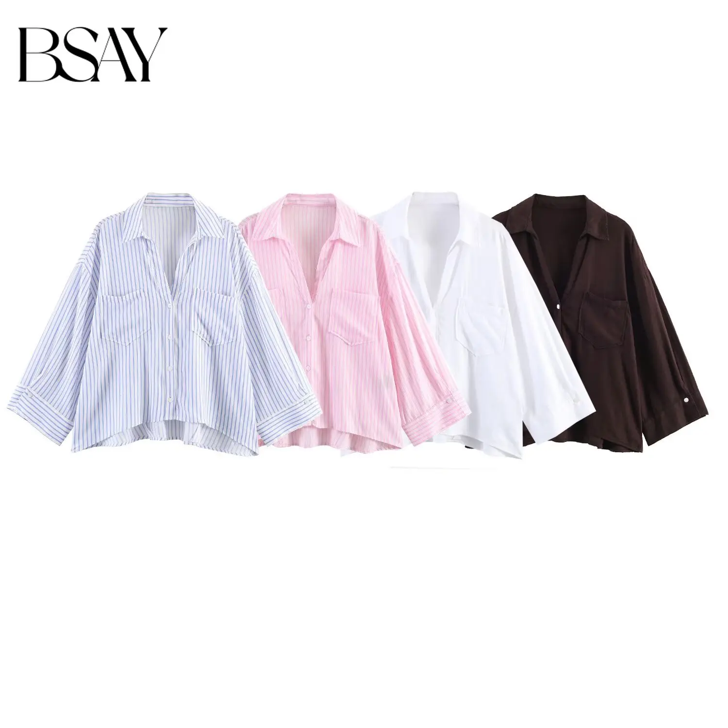 

BSAY 2026 Women's Shirt Oversized Blouse Summer Shirt & Blouse Pink White Striped Shirt Elegant Large Size Short Sleeve Shirts