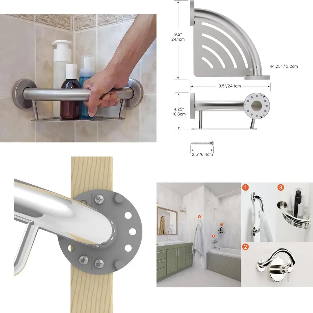 

9.5 ADA-Approved Wall-Mounted Corner Shelf & Grab Bar, 500 lbs Support, Brushed Stainless Steel for Senior Bathroom Safety