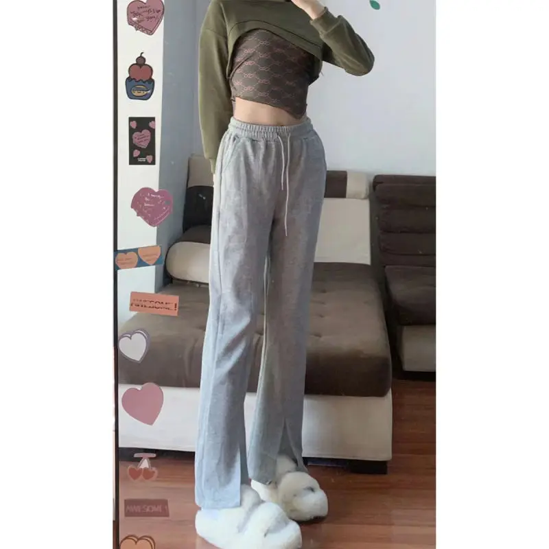 150cm Petite girls Micro Bell-Bottom Split Leisure Pants Female High Waist Straight Narrow Version Sports Pants XS Nine Points