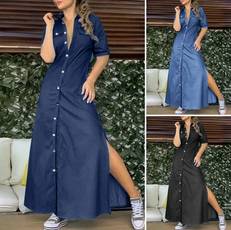 Nieuwe Dames Zomer Oversized Revers Knoop Denim Jurk Effen Kleur Oversized Losse Split Jurk Mode Casual Zak Lange Jurk