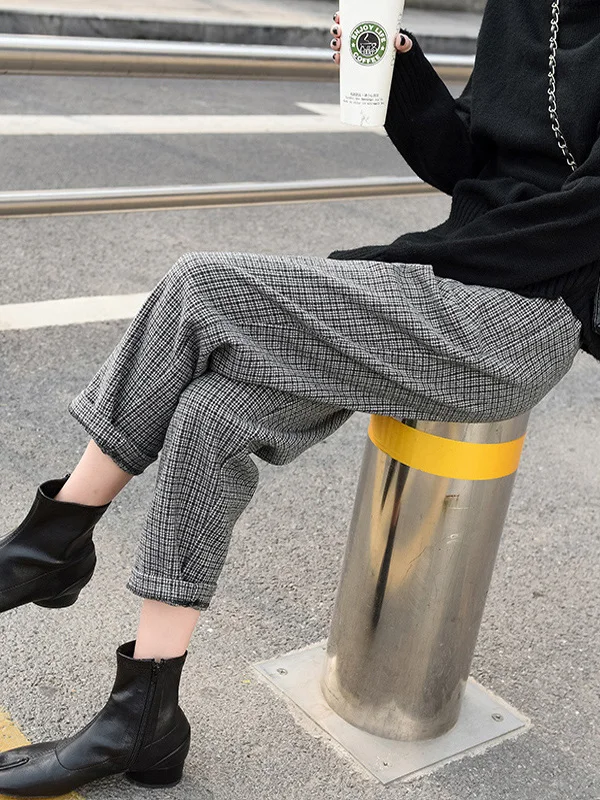 Calças Harem de Cintura Alta Femininas em Lã Xadrez, Calças Casuais Estilo Coreano para Outono e Inverno