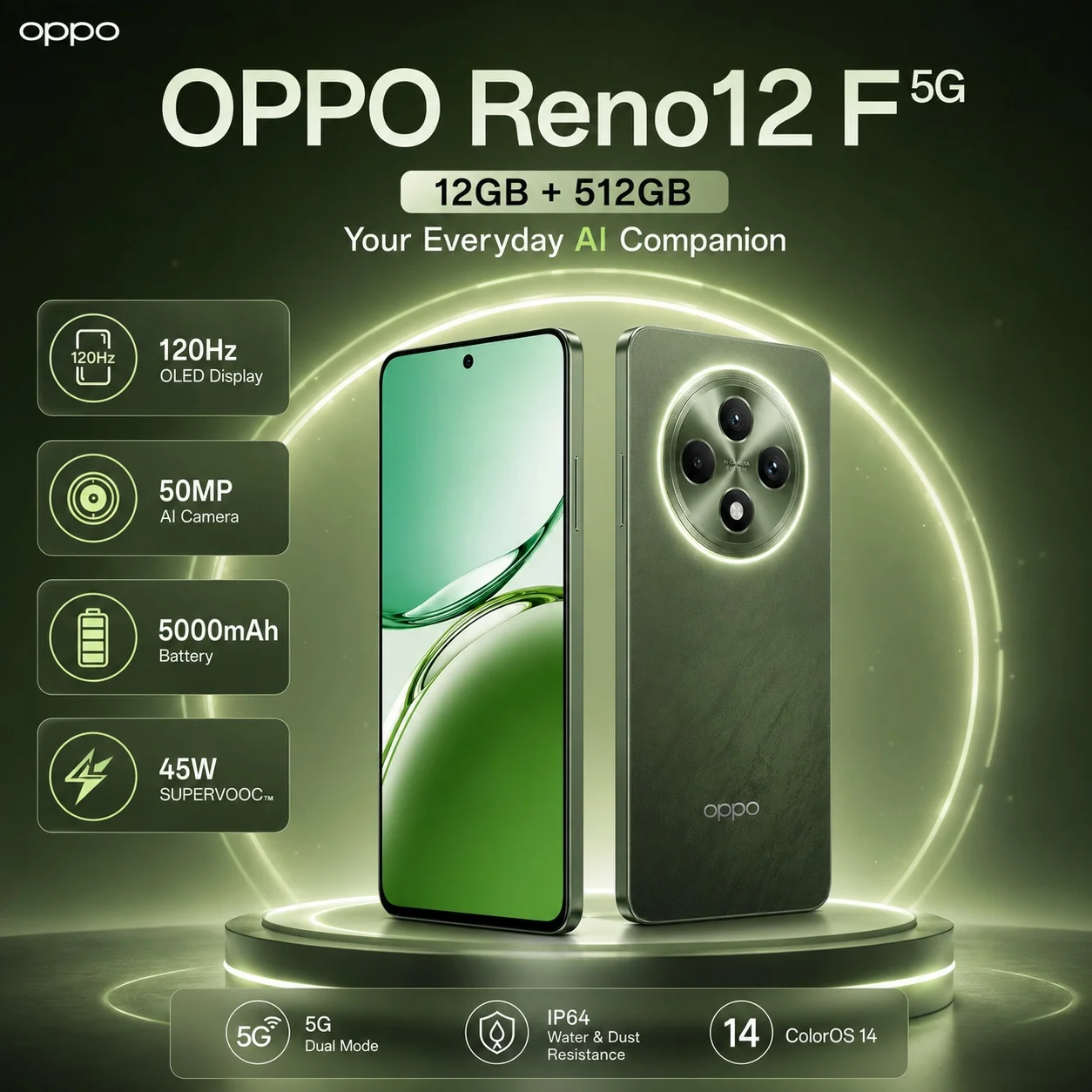 New OPPO Reno12 F 5G 12GB RAM 512GB ROM, 6.67'' 120Hz OLED, Dimensity 6300, 50MP Camera, 5000mAh Battery, 45W SUPERVOOC, NFC