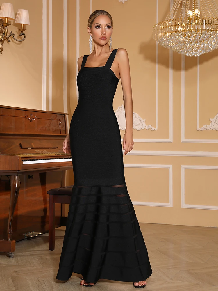 

Sexy Square Collar Patchwork Bandage Dress Women Black Sleeveless Bodycon Maxi Dresses Elegant Evening Party Gowns