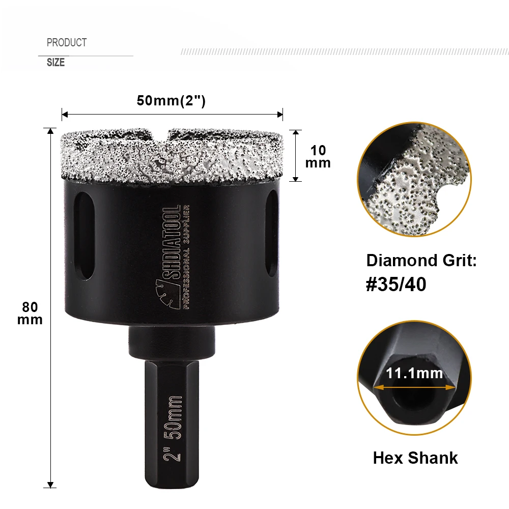 SHDIATOOL 2pcs 50mm Dry Diamond Vacuum Brazed Drilling Core Bits Hexagon Shank Hole Saw Porcelain Tiles Granite Marble