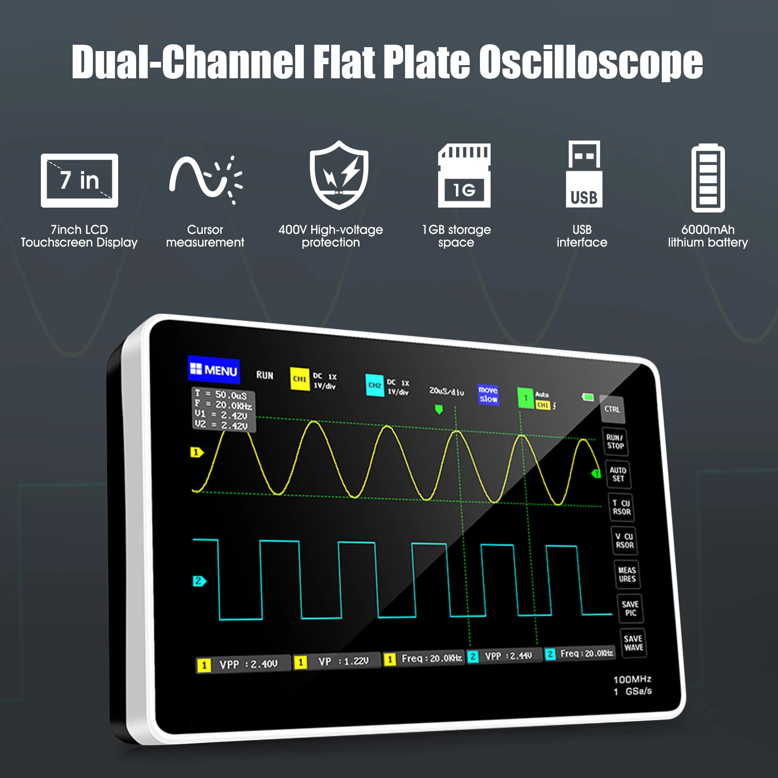 Dual Channel Flat Panel Oscilloscope, Trigger Function, LCD Screen, Save Data Detect, Level change, Measurement, T4-1013D-E