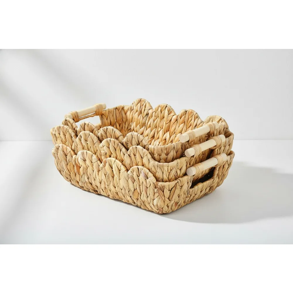 

Корзины для хранения гиацинта ручной работы, зубчатый край с деревянной ручкой, органайзер из 2 штук для домашнего декора и подарков