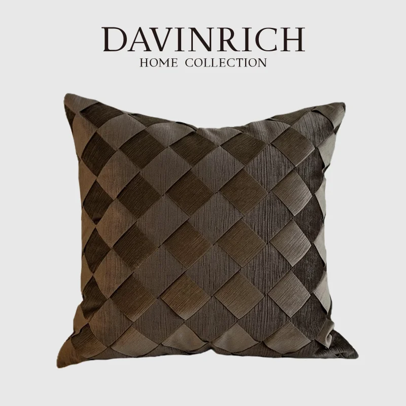 

DAVINRICH Pleated Exclusive Square Cushion Cover Luxury Handwoven Chocolate Brown Color Decorative Pillow Case For Chair Bench