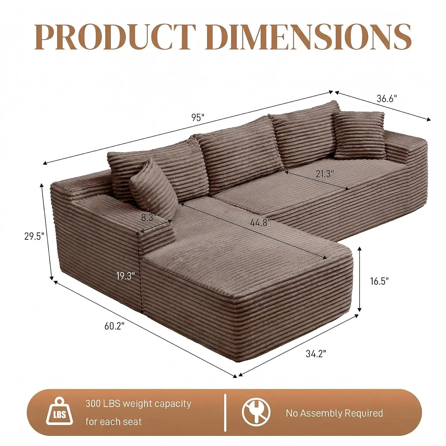 95'' Sectional Boneless Couches, Cloud-Like L Shaped Couch with Chaise, Soft Corduroy Upholstery, Deep Seat, Customized