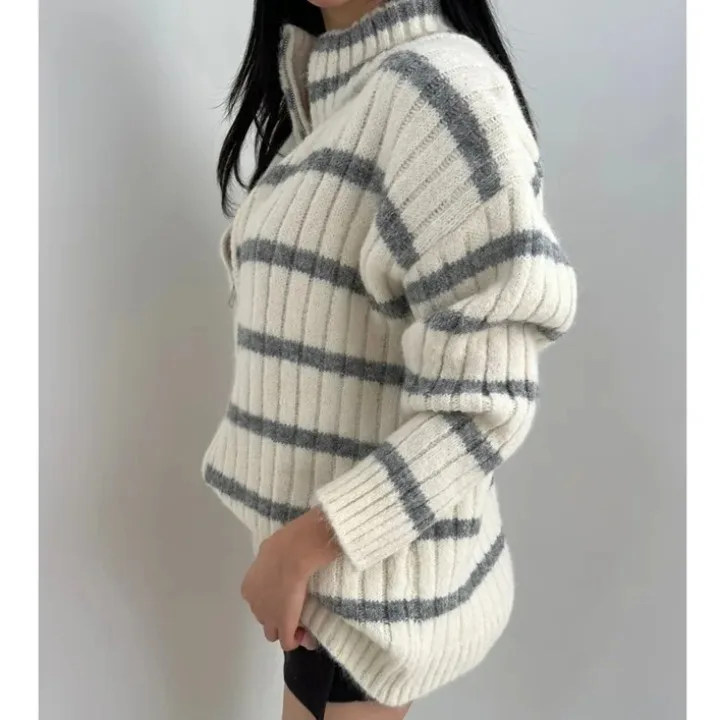 Korean Sle Loose Striped All-Match Stand Collar Zipper Knitted Cardigan Women's Spring New Faion Personali Thi Sweate...