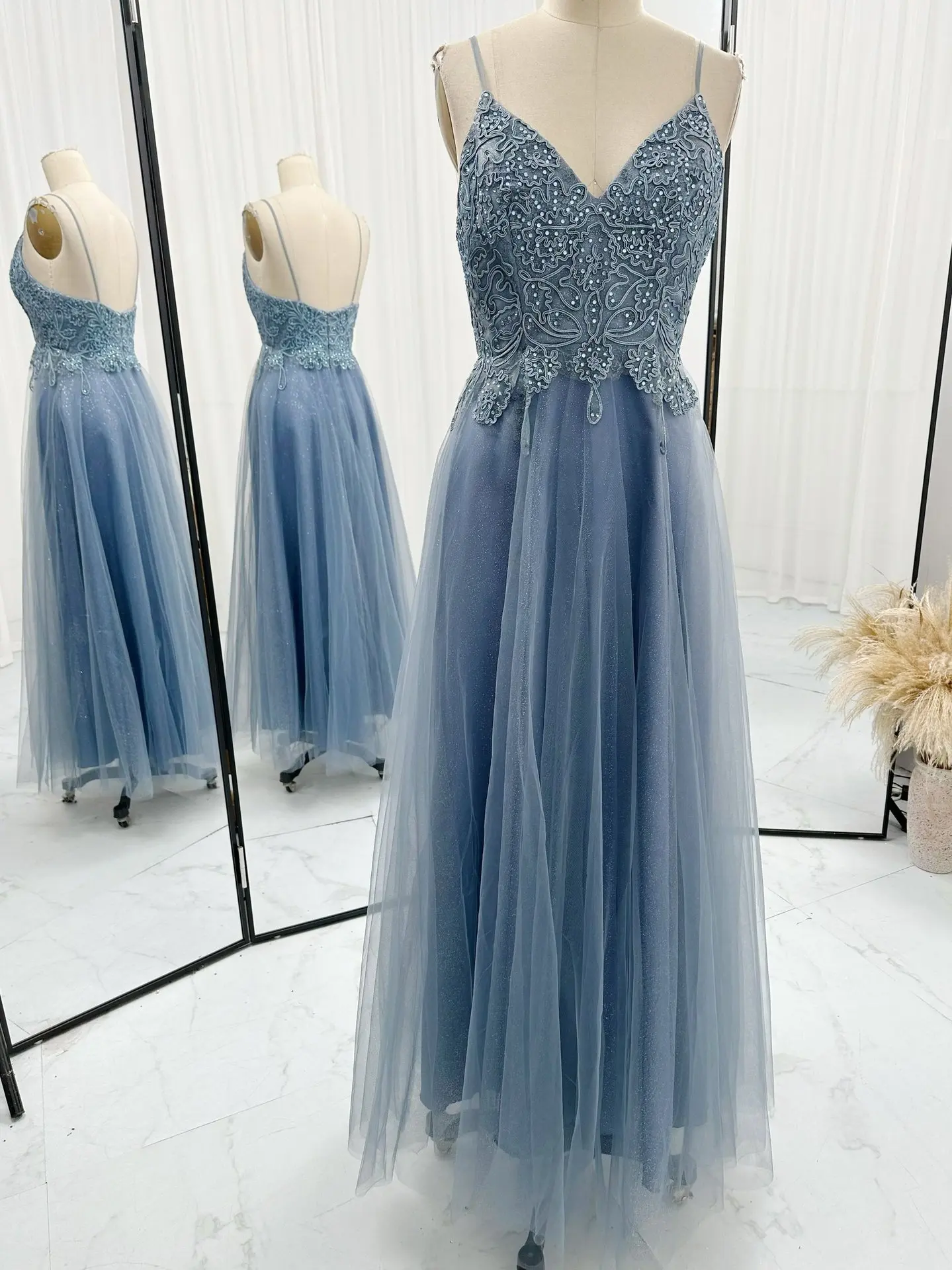 Blue Camisole Tube Top Exposed Fairy Net Gauze Korean Version Slimming Evening Dress M1645