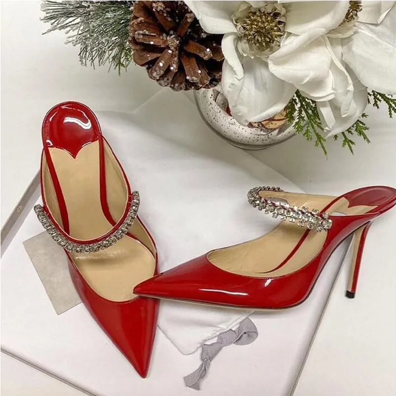 Burgundy Patent Leather Crystal Wedding Heels Mules High Heels Pointed Toe Shallow Women Pumps Slip On Thin Heels Slippers