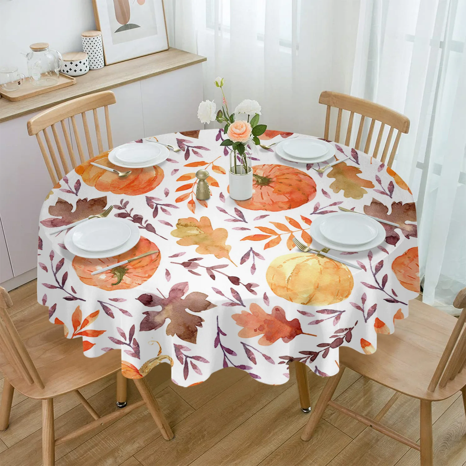 

Thanksgiving Pumpkin Maple Leaf Round Tablecloth Party Kitchen Dinner Table Cover Holiday Decor Waterproof Tablecloths