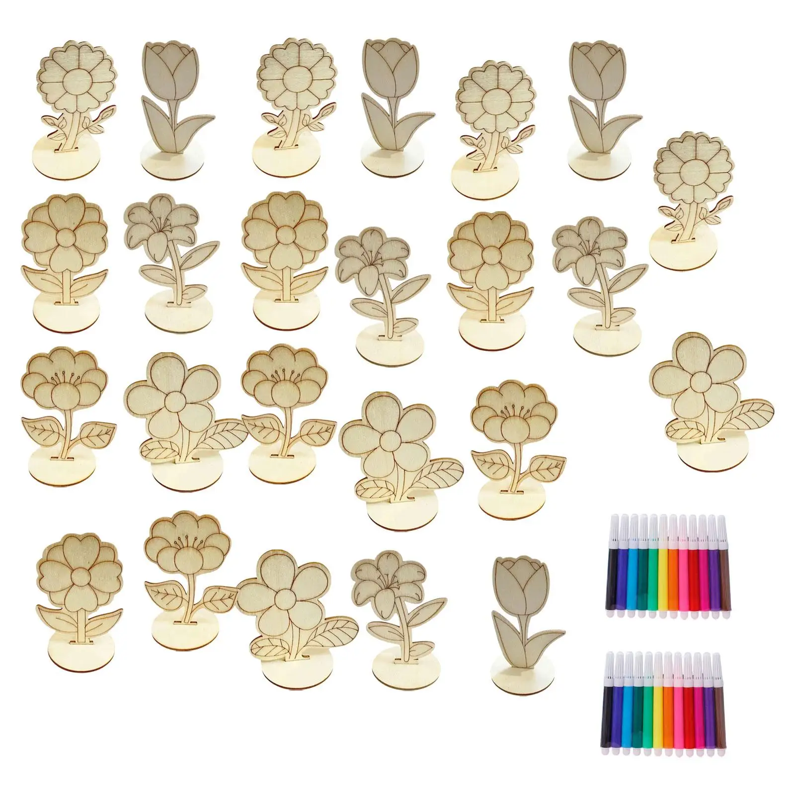 

24x Wooden Flowers Preschool Craft Material Unfinished Paintable Decoration DIY