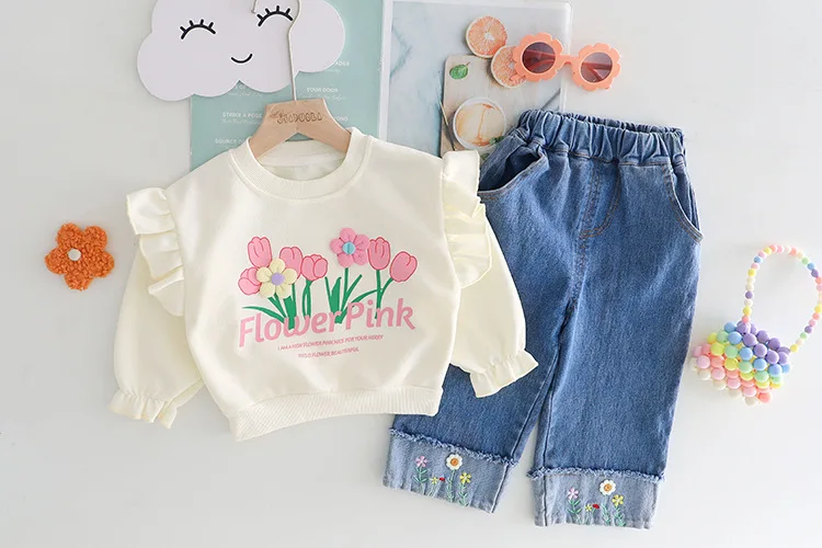 Ropa de moda para niña de 2 a 3 años, jersey Floral encantador, Tops y pantalones, trajes de Boutique de dos piezas para niña 2024