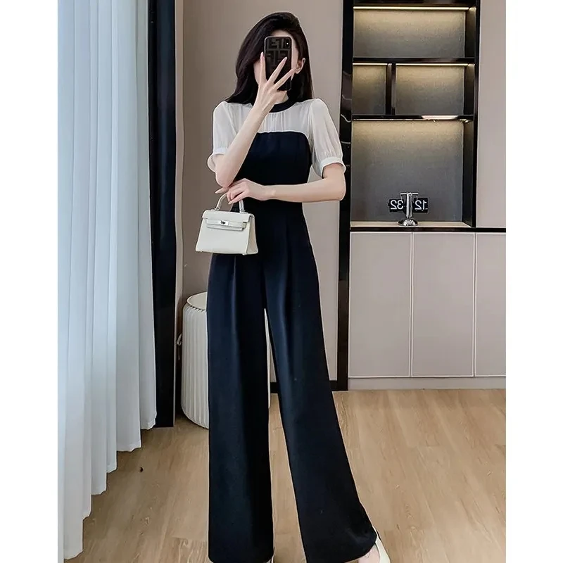 High-grade Jumpsuit Ladies Summer Thin 2024 New Temperament Goddess Fan Contrast Age-reducing Fashion Wide-leg Jumpsuit Tide