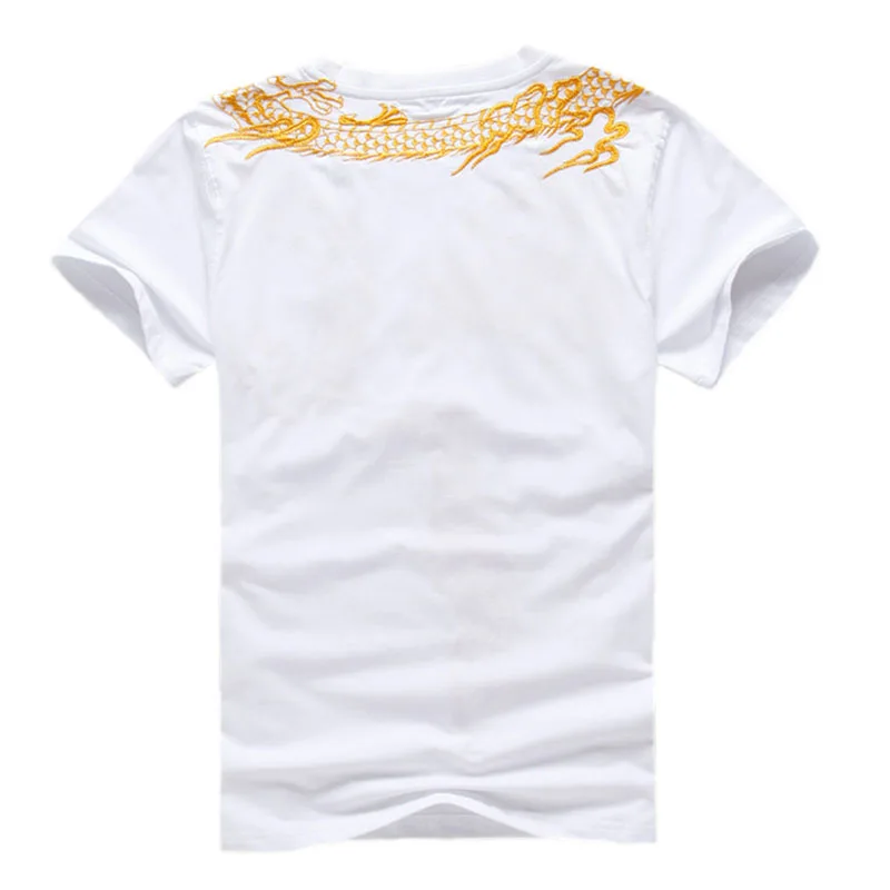 Golden Dragon Embroidery Men Cotton T-Shirt 2024 New Casual Summer Tops Short Sleeve Tee Shirts Black / White