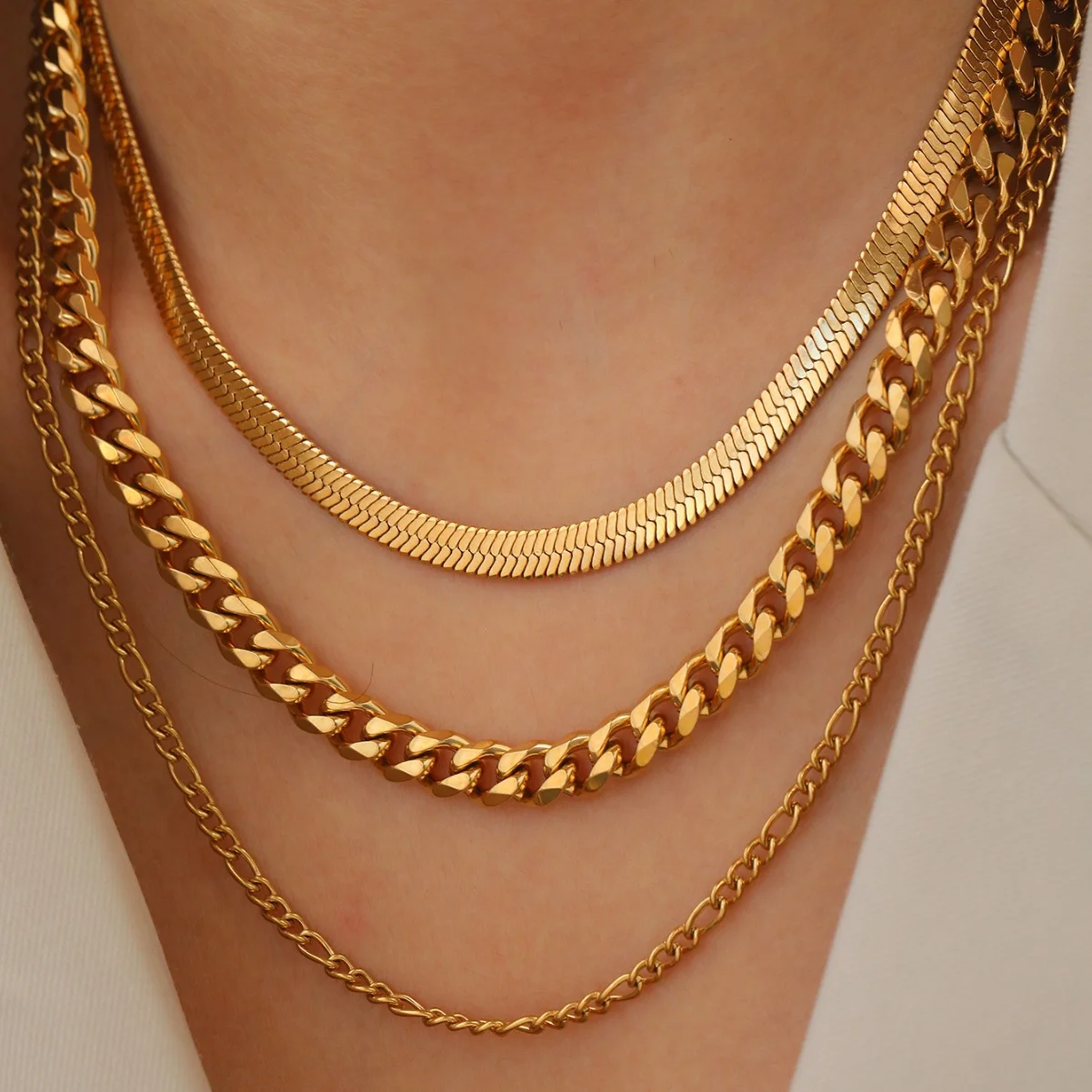 

Boho Cuban Chain and Snake Chain Multi Necklace Set, Waterproof and Fadeproof, Women's Jewelry, Wedding Party Favors