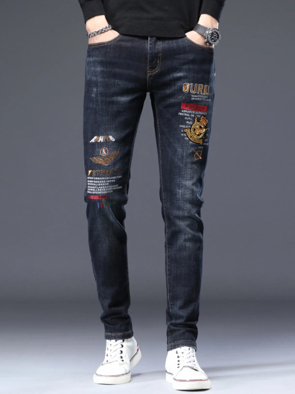 

Autumn Men's Slim Fit Straight Leg Jeans Embroidered Cotton Stretch Casual Versatile mid Waist Zipper Machine Washable