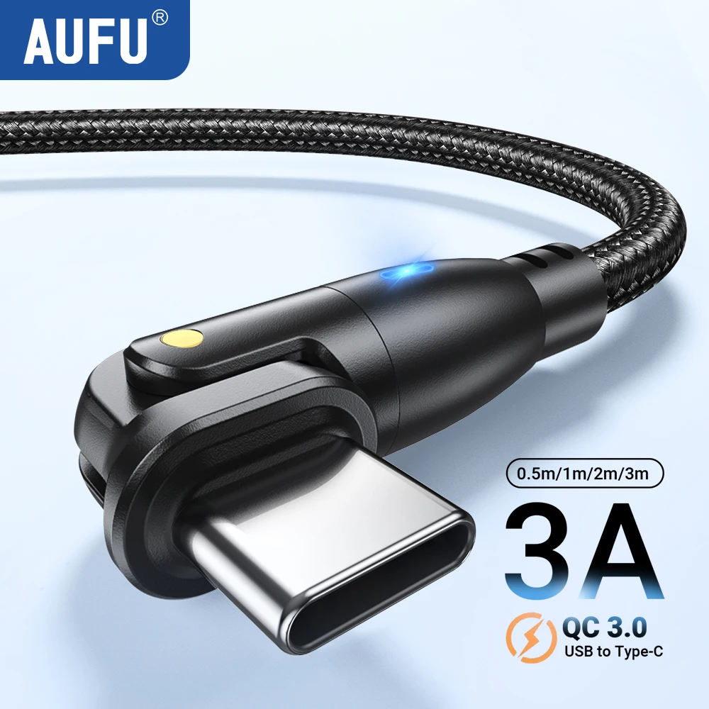 AUFU USB Type C Cable For Huawei Honor Xiaomi Samsung 180 Degree Super Charge Fast Charging USB C Charger Data Cable Wire Cord