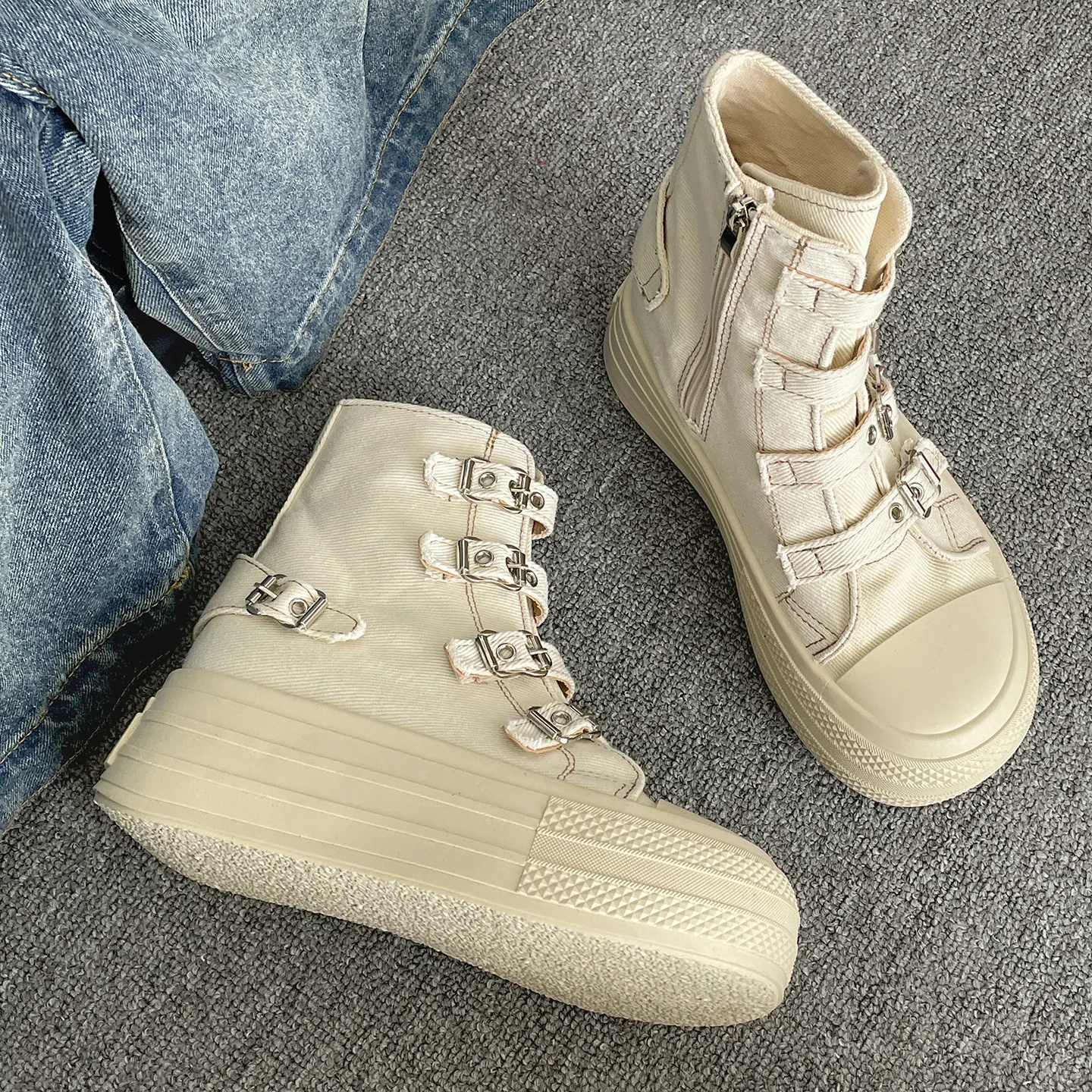 Retro  Buckle Design Thick Soled Casual Canvas Short Boots for Women  Autumn Comfortable Non Slip Chunky Ankle Boots image 6