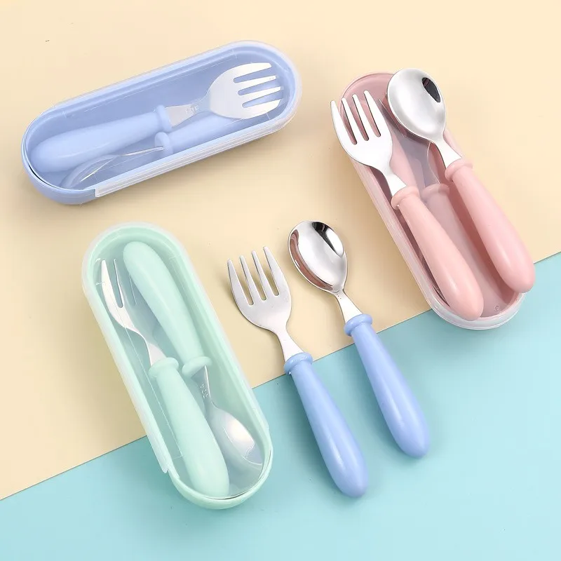 3pcs Children Spoon Forks Box Kids Stainless Steel Kids Cutlery Portable Baby Feeding Utensils Baby Spoons Baby Tableware Set