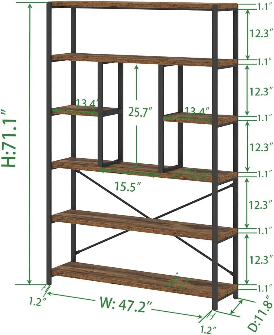 Rustic Bookcases and Book Shelves, Metal Wood 6 Tier Bookshelf and Book Rack Storage, Industrial Vertical Display Etagere Book