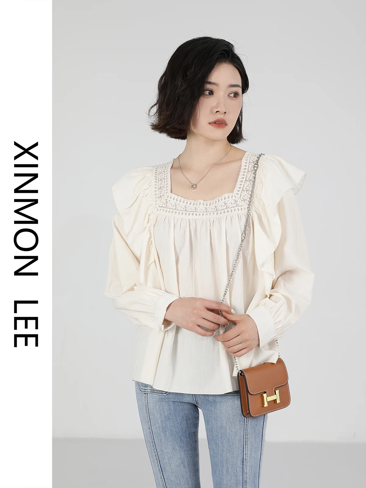 

Женская блузка Ele Xinmon Design, новая весенняя модель, с длинным рукавом, однотонная, для офиса, с квадратным воротником, классический прямой крой